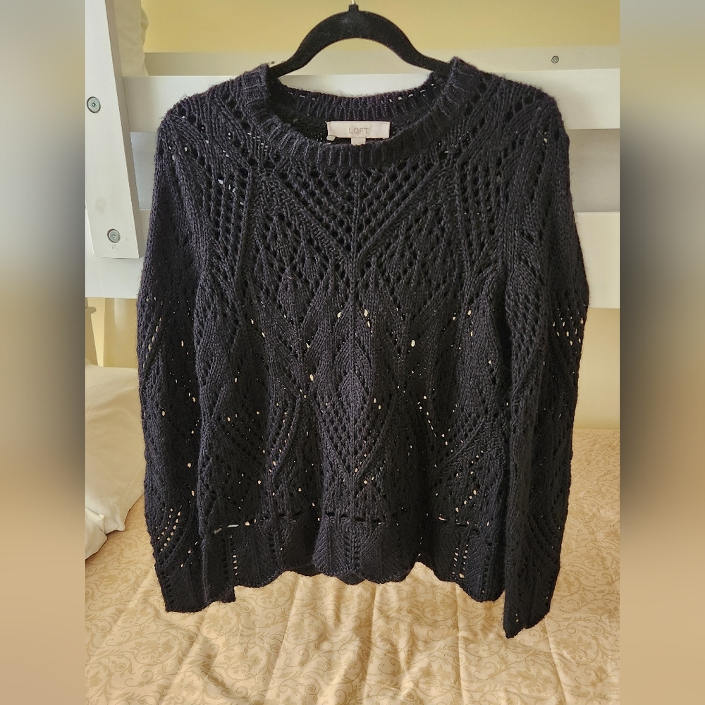 LOFT open knit sweater black wool blend soft luxury crochet style gorgeous M